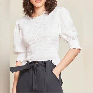 Veronica Beard Jeans Top Langston Smocked Puff Sleeve Ruffle Trim - Size Med